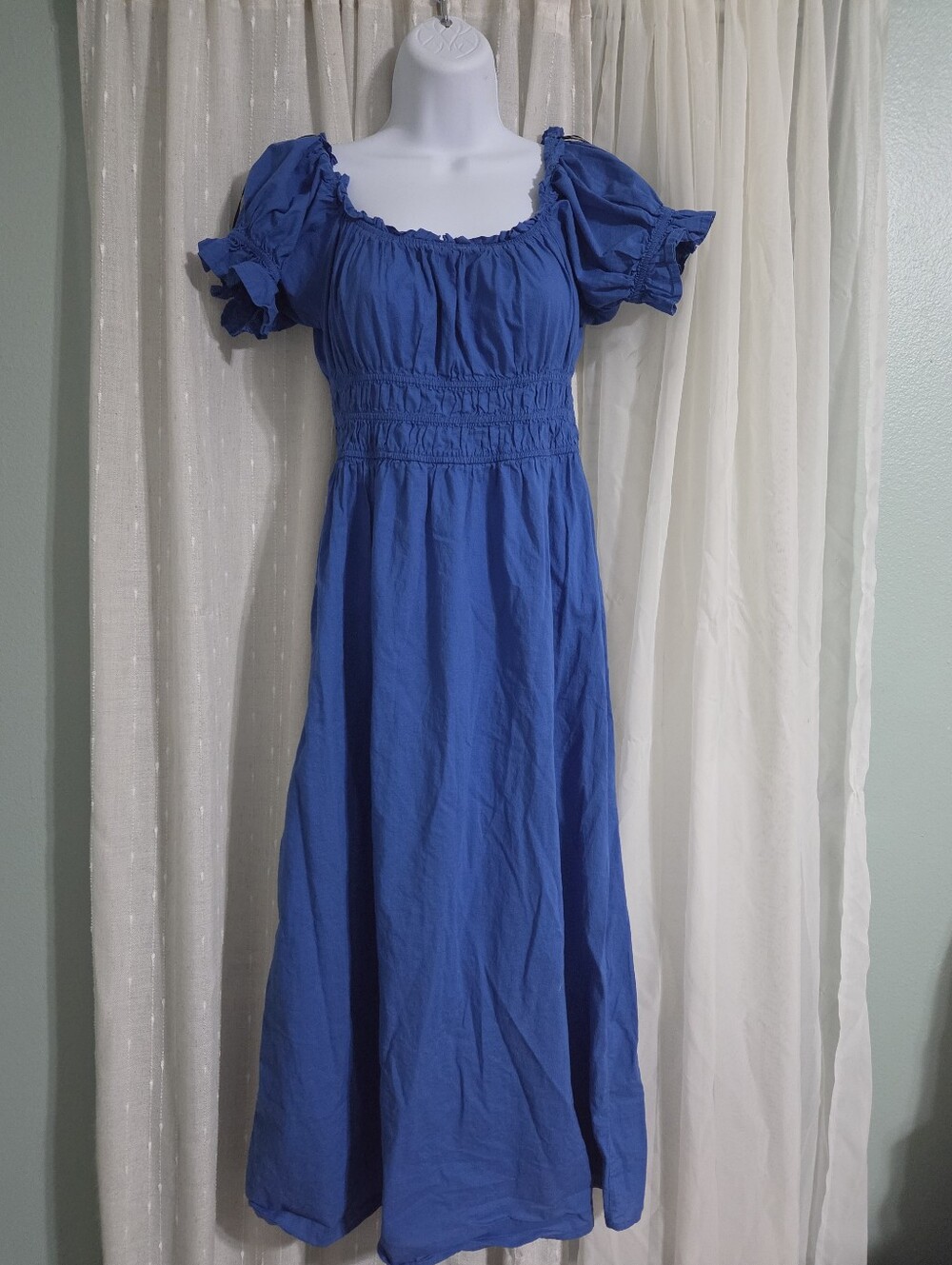 H&M Royal Blue Puff-Sleeve Smocked Maxi Dress